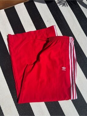 Adidas Firebird Red Jogger Pants with White 3-Stripes